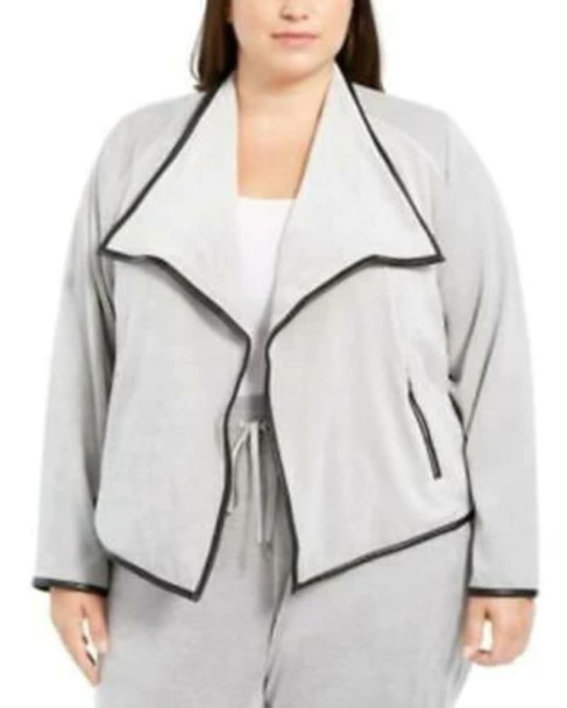 Front of a model wearing a size 1X Calvin Klein Women's Plus Contrast-Trim Flyaway Jacket Grey Size 1X in Gray by Calvin Klein. | dia_product_style_image_id:314568